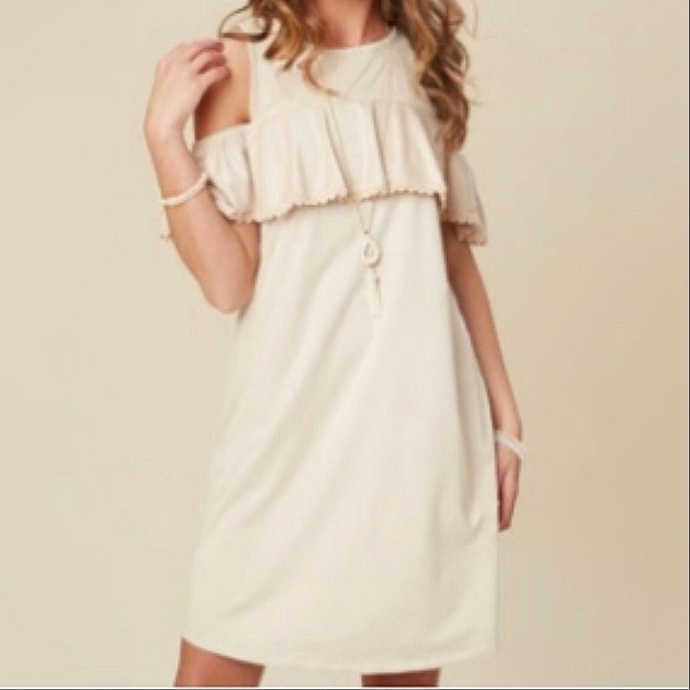 𝅺altar'd state‎ Creamy Tan, Super Soft Faux Suede, Cold Shoulder Dress M